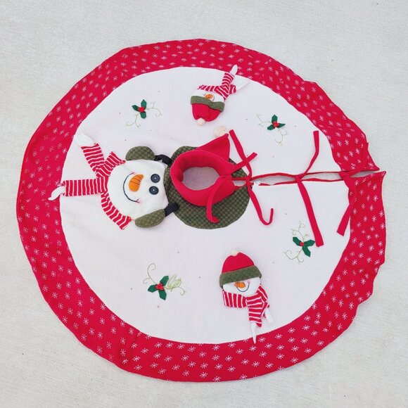 Vintage Snowman Plush Christmas Tree Skirt Red White - Picture 4 of 9